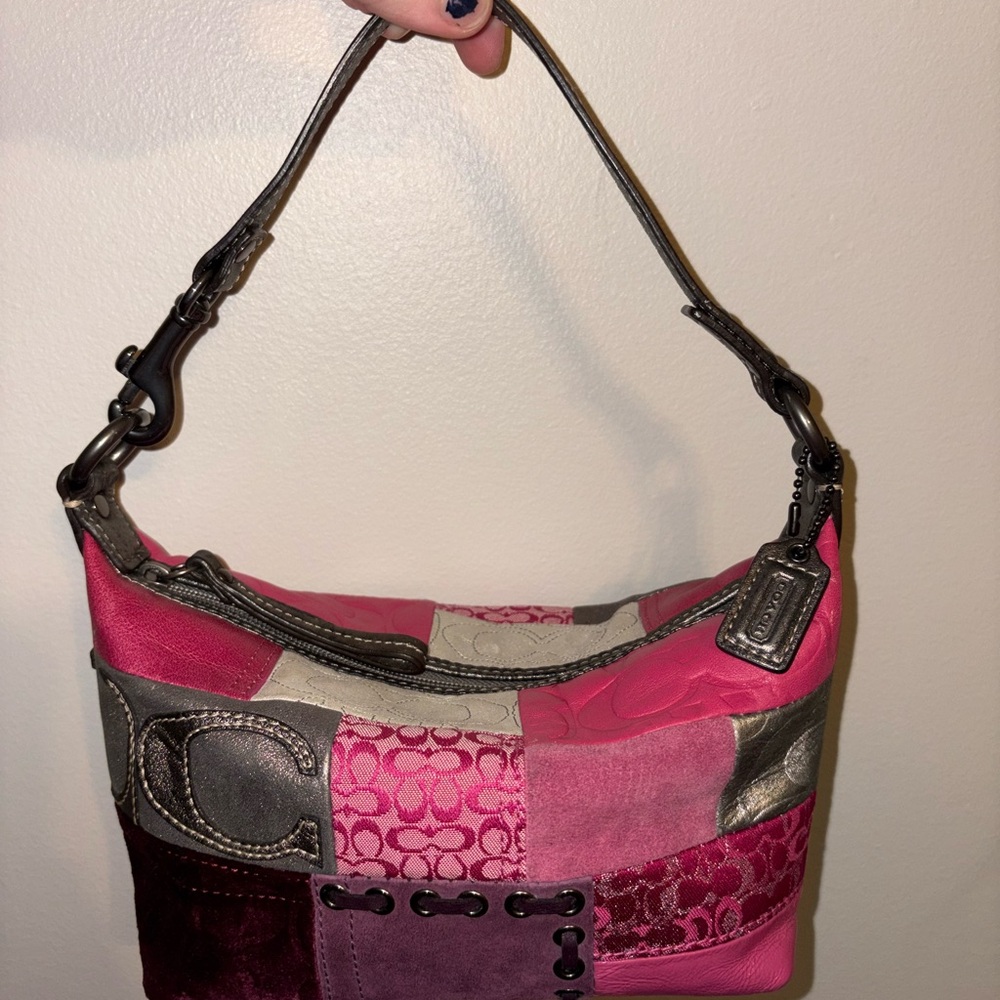 Coach Pink and Gray Patchwork Shoulder Bag